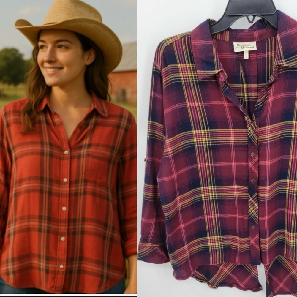 Hester and Orchard Top Maroon Plaid Long Sleeve Button down top shirt